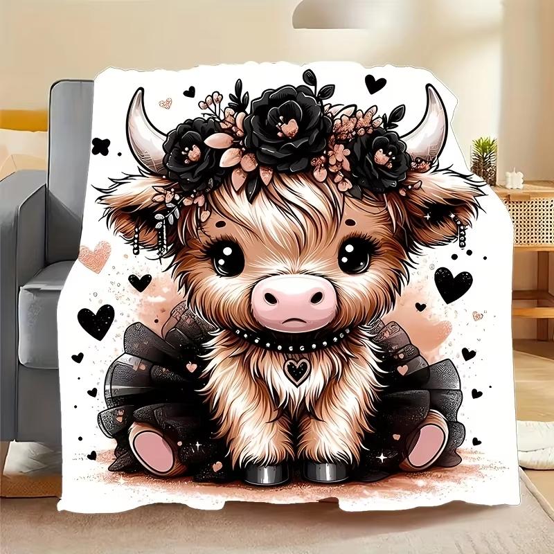 1 x Cozy Cartoon Cow Print Flannel Blanket-Soft and warm ripstop fabric, cute animal pattern and floral hearts, machine washable