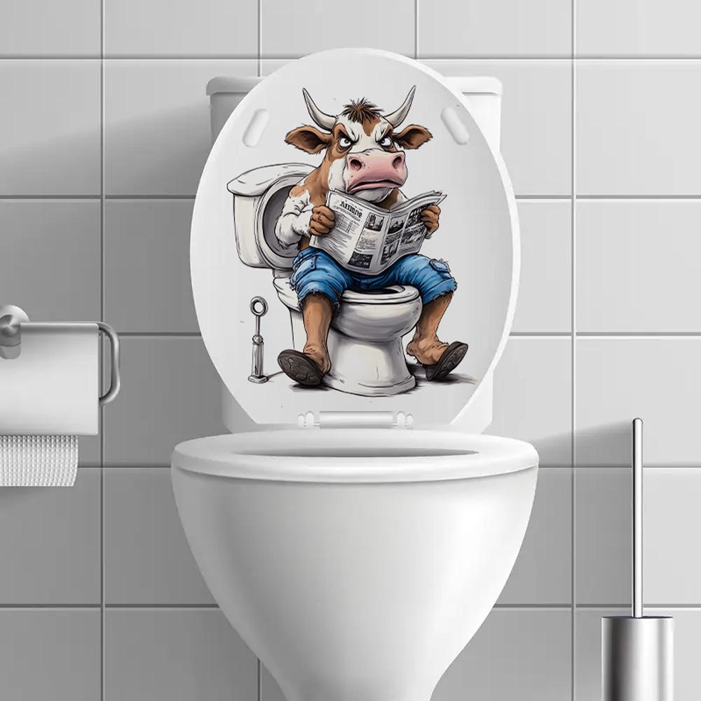 3D Funny Cartoon Calf Reading Newspaper On Toilet Wall Sticker Self-Adhesive Waterproof Removable Bathroom Home Decor Art