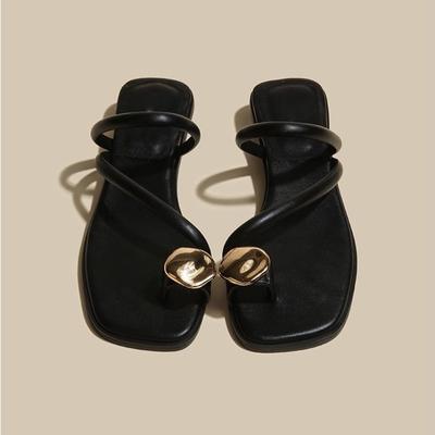 Summer Narrow Band Women Slipper Fashion Metal Decoration Low Heel Slip On Ladies Elegant Slides Casual Outdoor Beach Flip Flop