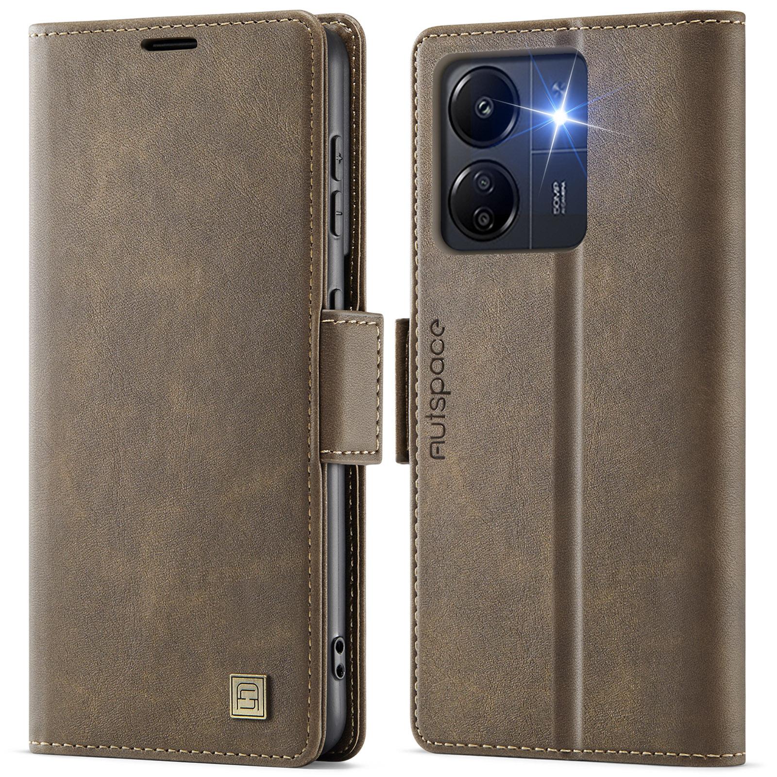 

Для Xiaomi Poco C65 4G/Xiaomi Redmi 13C 4G Чохол AUTSPACE A11 Блокування RFID Ретро Шкіряний Чохол-гаманець для мобільного телефону Brown