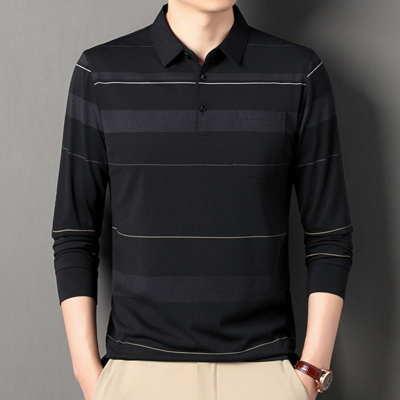 Spring Thin Long-sleeved T-shirt Men's Lapel Mercerized Cotton Dad Wear Striped T-shirt Men