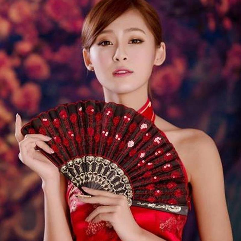 Jedwabny wentylator składany wentylator Prezenty ślubne Paw Cekiny taniec Wentylator ręczny wentylator