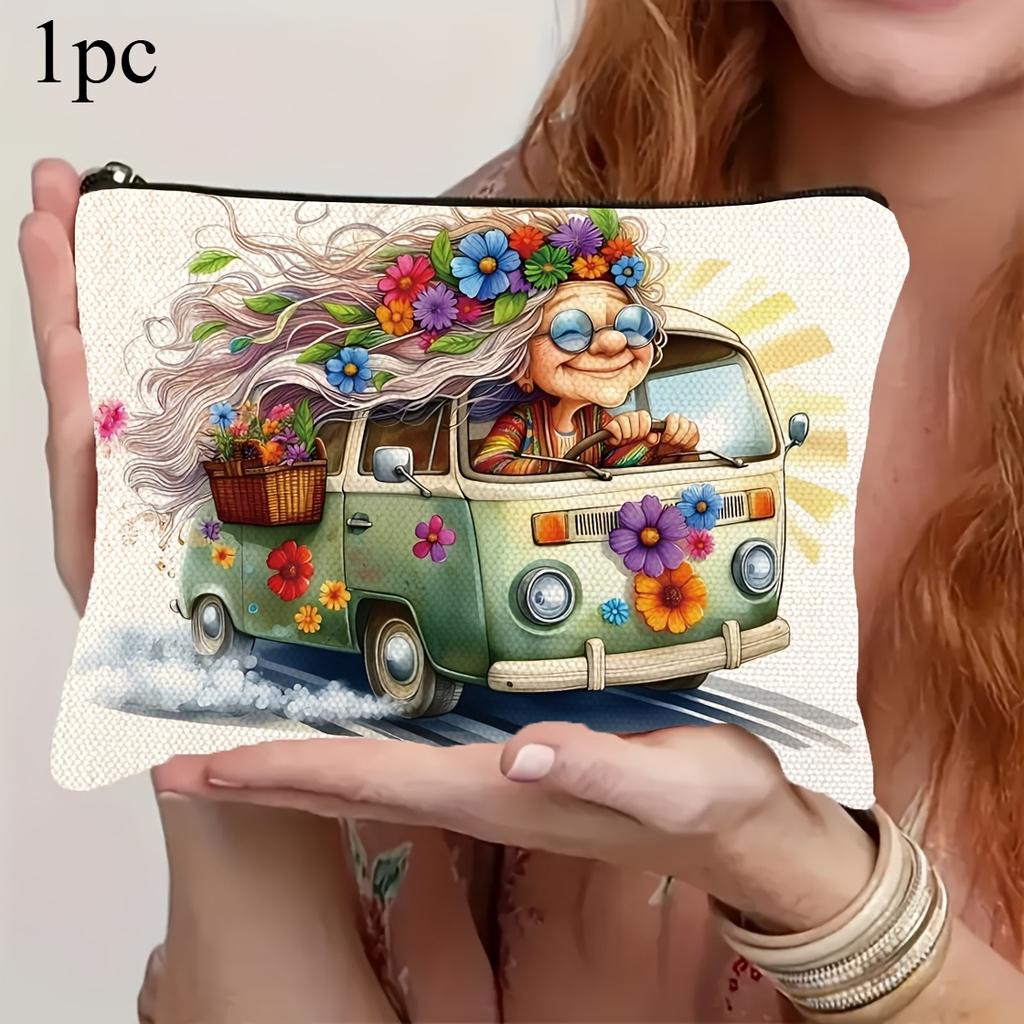 Vintage Hippie Van Kosmetyczka Retro Kwiatowy Wzór Puzderko na Kosmetyki Zapięcie na Zamek Błyskawiczny Lekki Składany Organizer Podróżny dla Kobiet