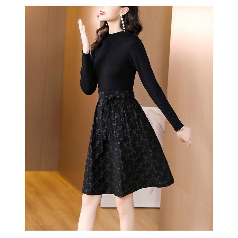 High-end black dress women's spring new fashion jacquard medium and long waist and thin A-shaped dress