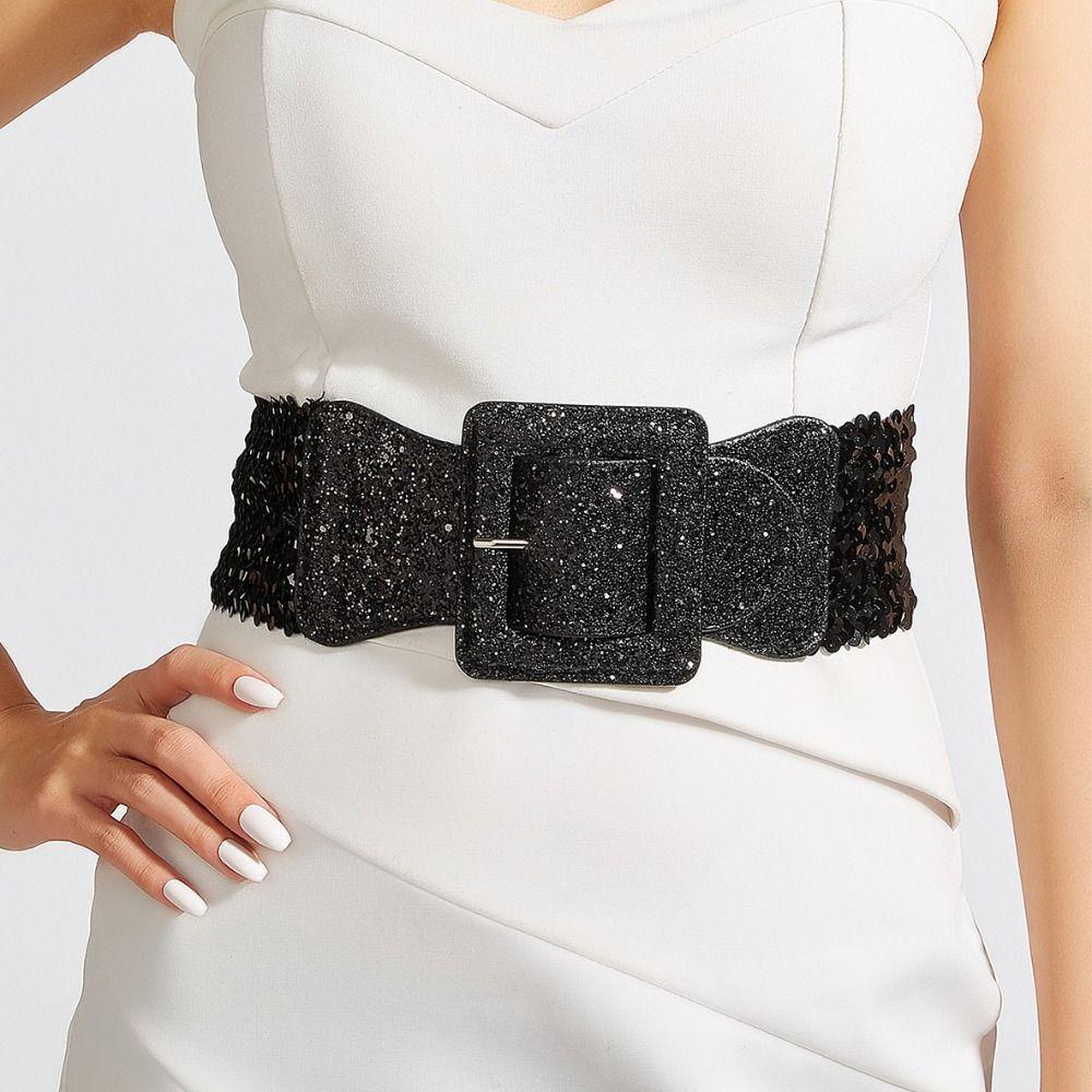 Waist Closure Blingbling Sequin Cummerbunds Metal Square Buckle Waist Corset Belts  Girl