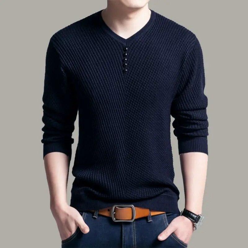 Spring Autumn Korean Knitted Pullovers Slim Fashion Button Casual V-Neck Men's Clothing Solid Color Basic Long Sleeve T-shirts