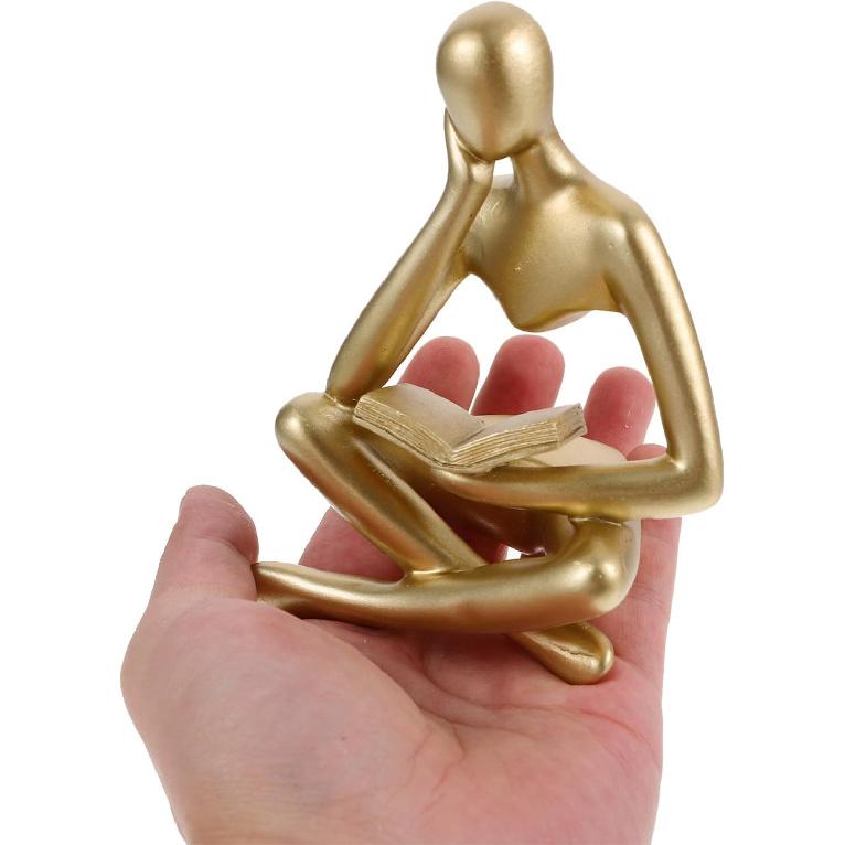 HOMSFOU Abstract Reading Man Statue - Golden Resin Thinker Sculpture for Home, Office, Library, and Room Decor, Minimalist Art Figurine Gift for Men,