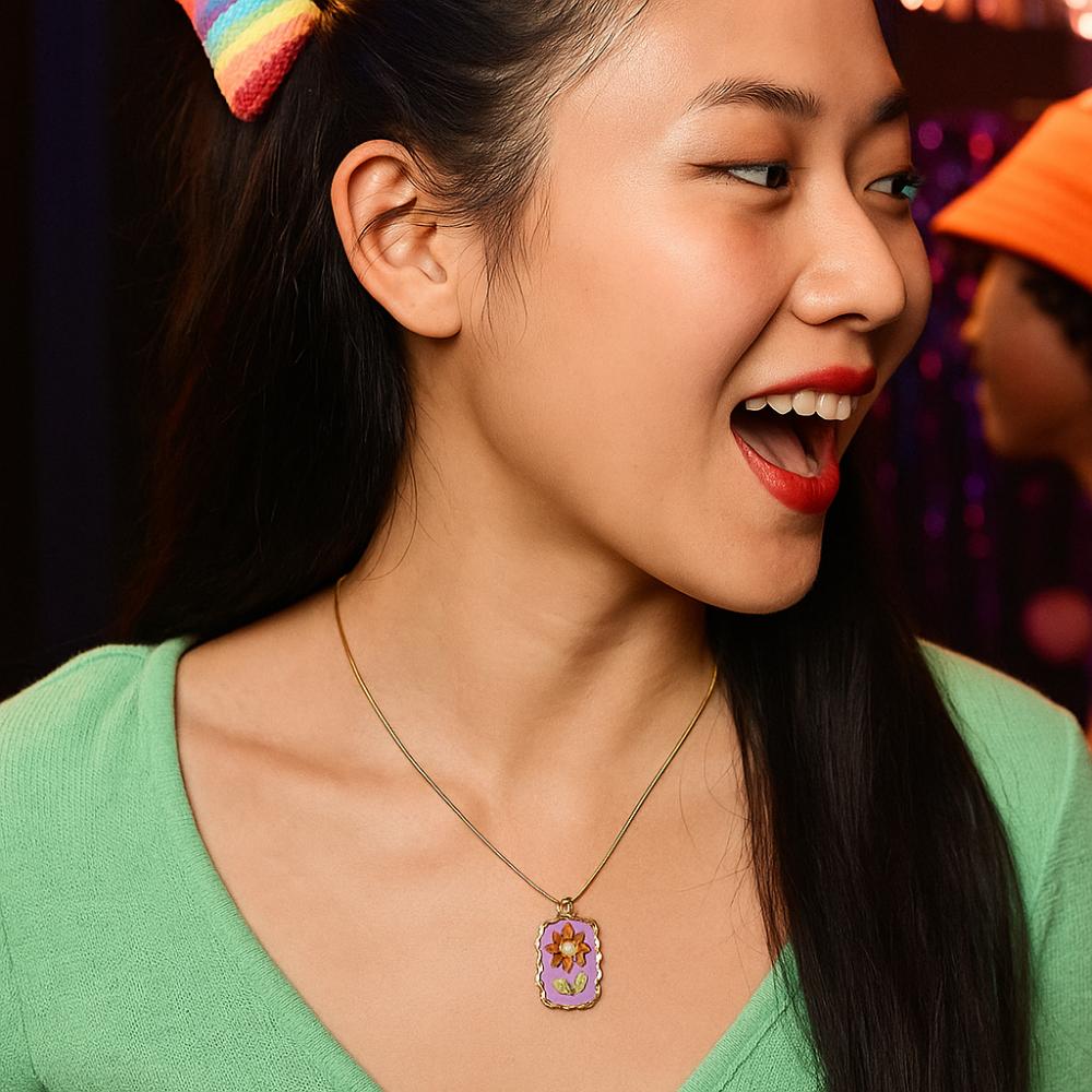 Dripping Oil Stainless Steel Chain Necklace Flower Clavicle Chain Sunflower Enamel Necklace  Women