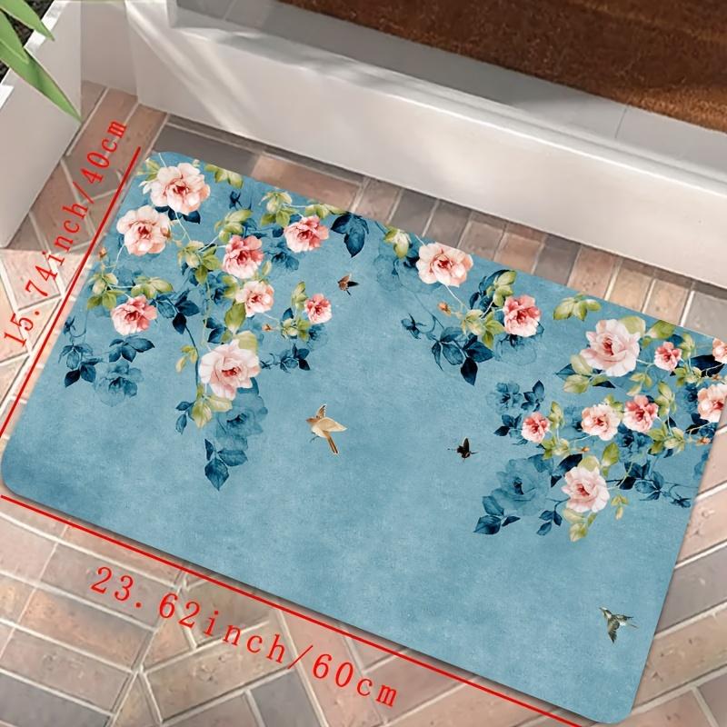 Chic Teal And Pink Rose Rug With Bird And Butterfly Pattern - Quick Drying, Machine Washable, Suitable For Living Room, Bedroom
