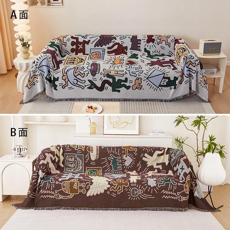 1PC Sofa Four Seasons Universal Cotton and Linen Material Textile Towel Graffiti Sofa Cover Nordic Style Cartoon Sofa Cover