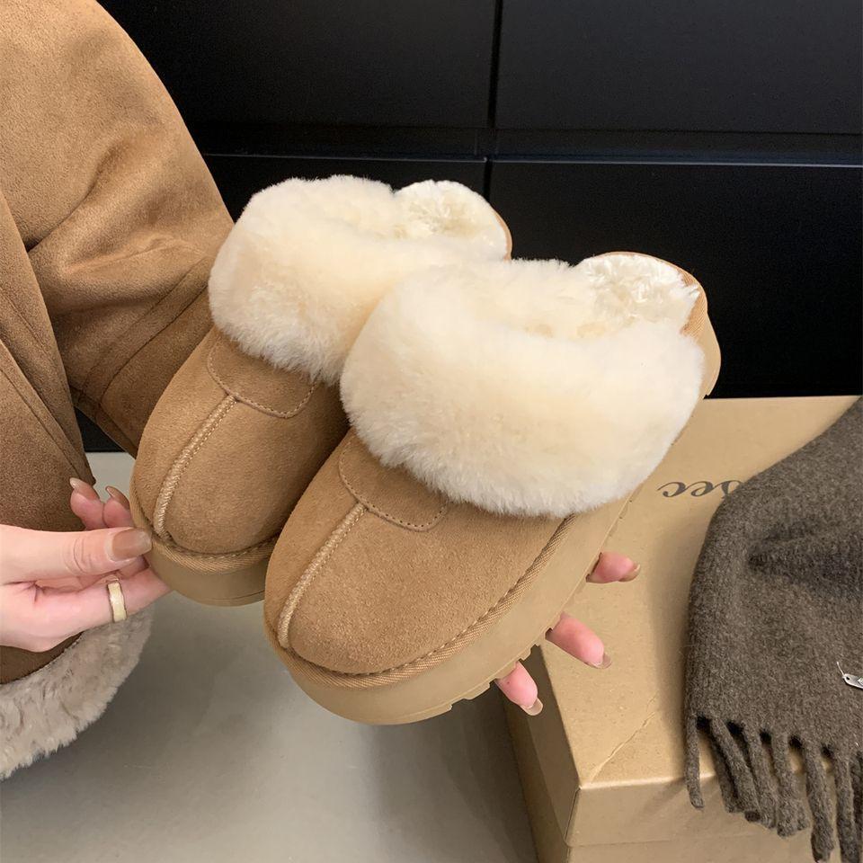 Thick-soled snow boots women's 2025 new winter heightening bag head half-drag fluffy slippers versatile Sangpo velvet cotton shoes