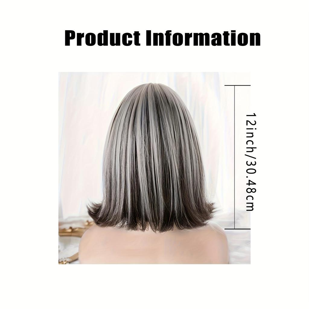 Anime Cosplay Wig Short Synthetic Wig With Bangs Gray Hair With Black Highlights For Women Daily Party Costume Cosplay