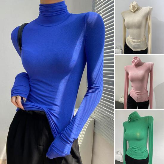 Women Tops High Collar Long Sleeve Slim Base Shirt Solid Color Elastic Shirt Autumn Winter Base Tops