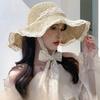 Women'S Wide Brim Lace Straw Hat Beach Hollow-Out Sun Cap For Seaside Vacation