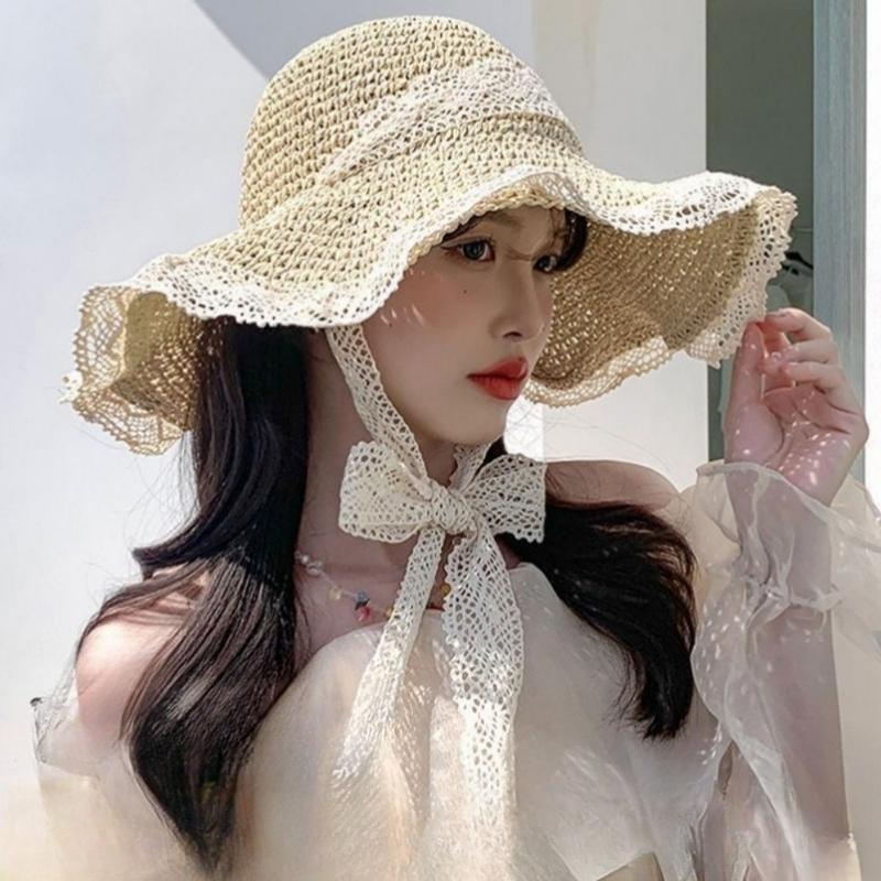 Women'S Wide Brim Lace Straw Hat Beach Hollow-Out Sun Cap For Seaside Vacation