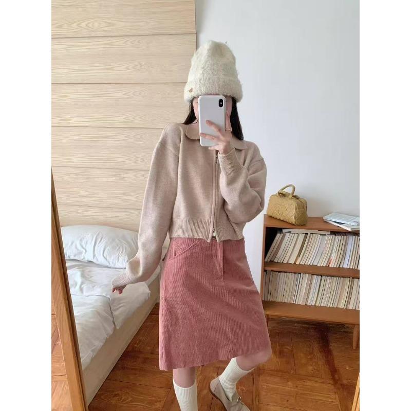 

Короткая вязаная куртка с лацканами на двойной молнии, простая однотонная, с длинным рукавом, женский повседневный вязаный топ One Size