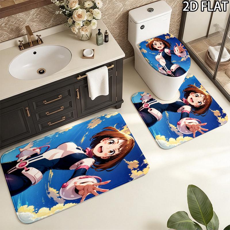 3pcs Ochaco Uraraka Pattern Flannel Nonslip Absorbent Washable Decorative Bathroom Home Toilet Seat Cover Mat