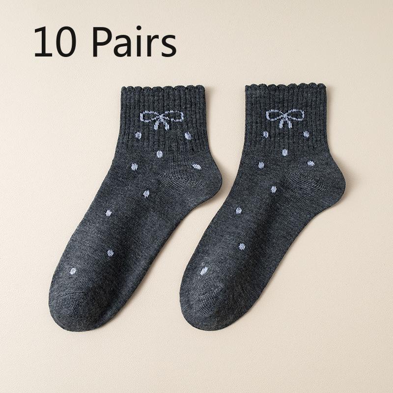 10 Pairs of Female Autumn and Winter Lovely Polka Dot Bow Lace Mid Tube Socks