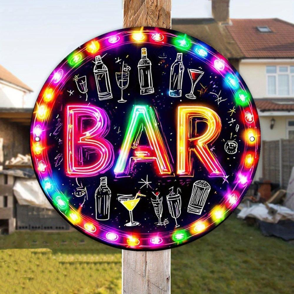Mfoever Tin Sign Vintage Neon Effect BAR Cocktail Wine Bottle Themed Round Metal Tin Sign Retro Pub Man Cave Wall Decor Art Plaque