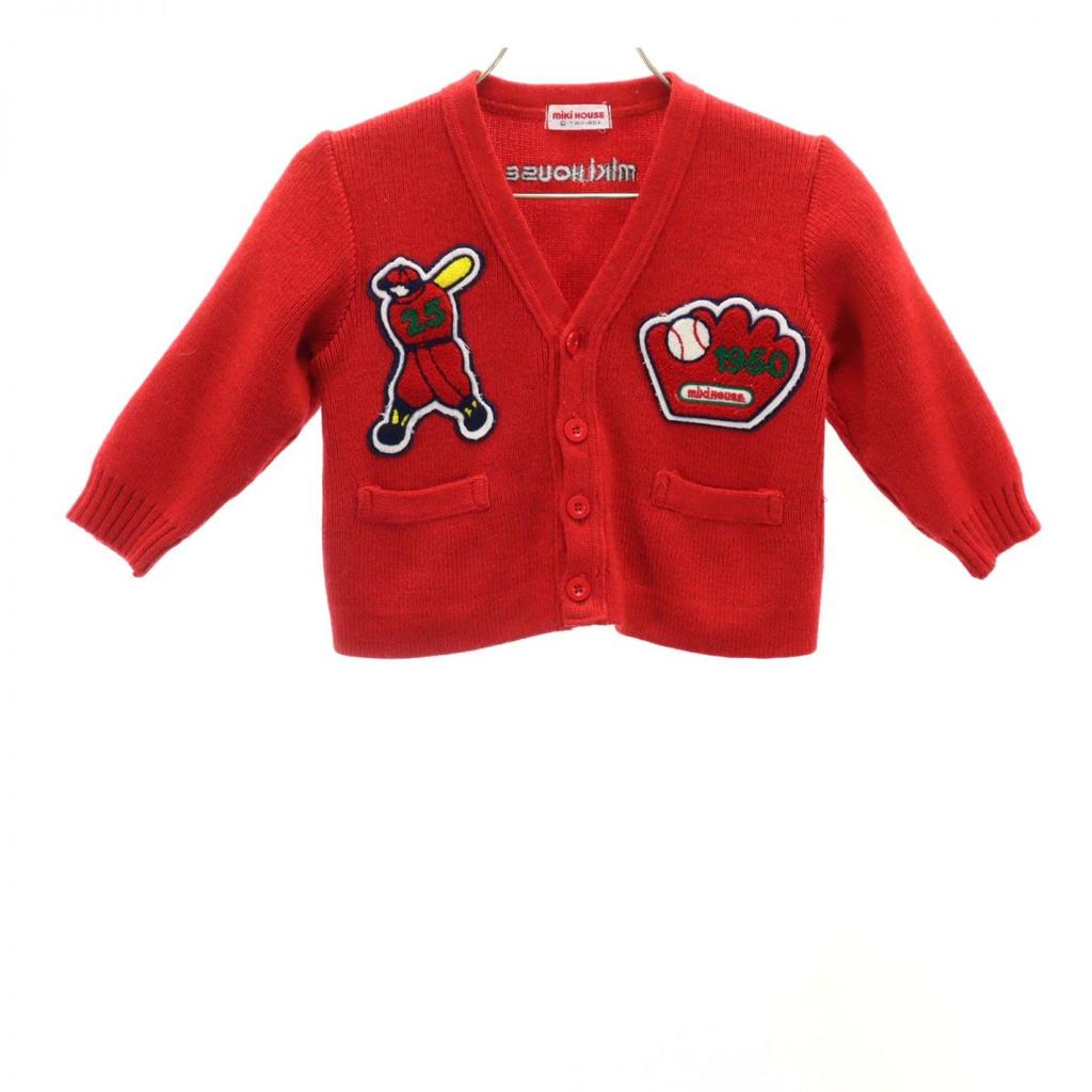 MIKIHOUSE Long Sleeve V-neck Knit Cardigan L Red Baseball Kid's Used