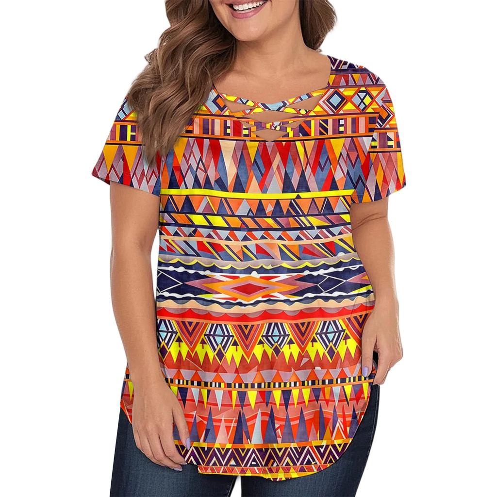 Women's Fashion Casual Printed V-Neck Short Sleeve Large Size T-Shirt Top