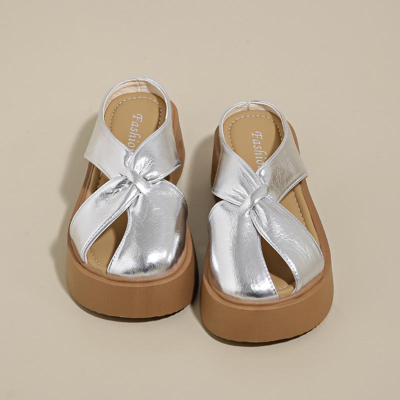 Baotou Hollow Slope Heel Half-drag Sandals Women's Outer Wear 2025 Summer New Temperament Flat Bottom One-word Cool Slippers