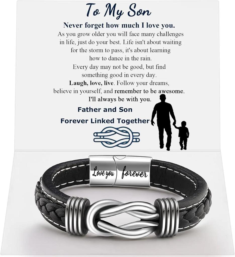 Bracelet en Cuir Nœud Infini pour Homme Anniversaire Noël Anniversaire Hommes Liés Ensemble pour Toujours Bracelet Manchette Tressé pour Fils