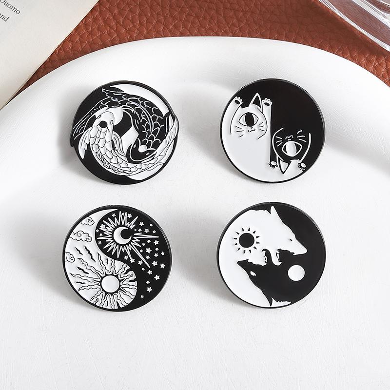 Yin-Yang Bagua Koi Enamel Pins Custom Sun and Moon Cat Brooches Lapel Badges Clothes Animal Jewelry Gift for Kids Friends