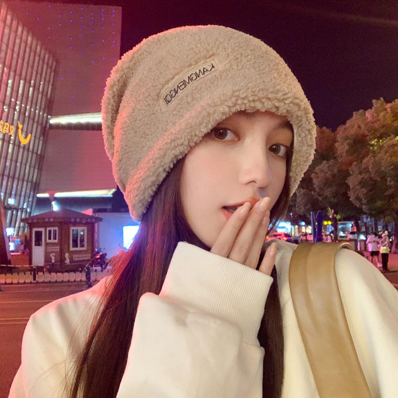 Women's Plush Black Knit Hat - Versatile for Spring and Autumn, Large Head Circumference, Stylish and Warm for Winter.