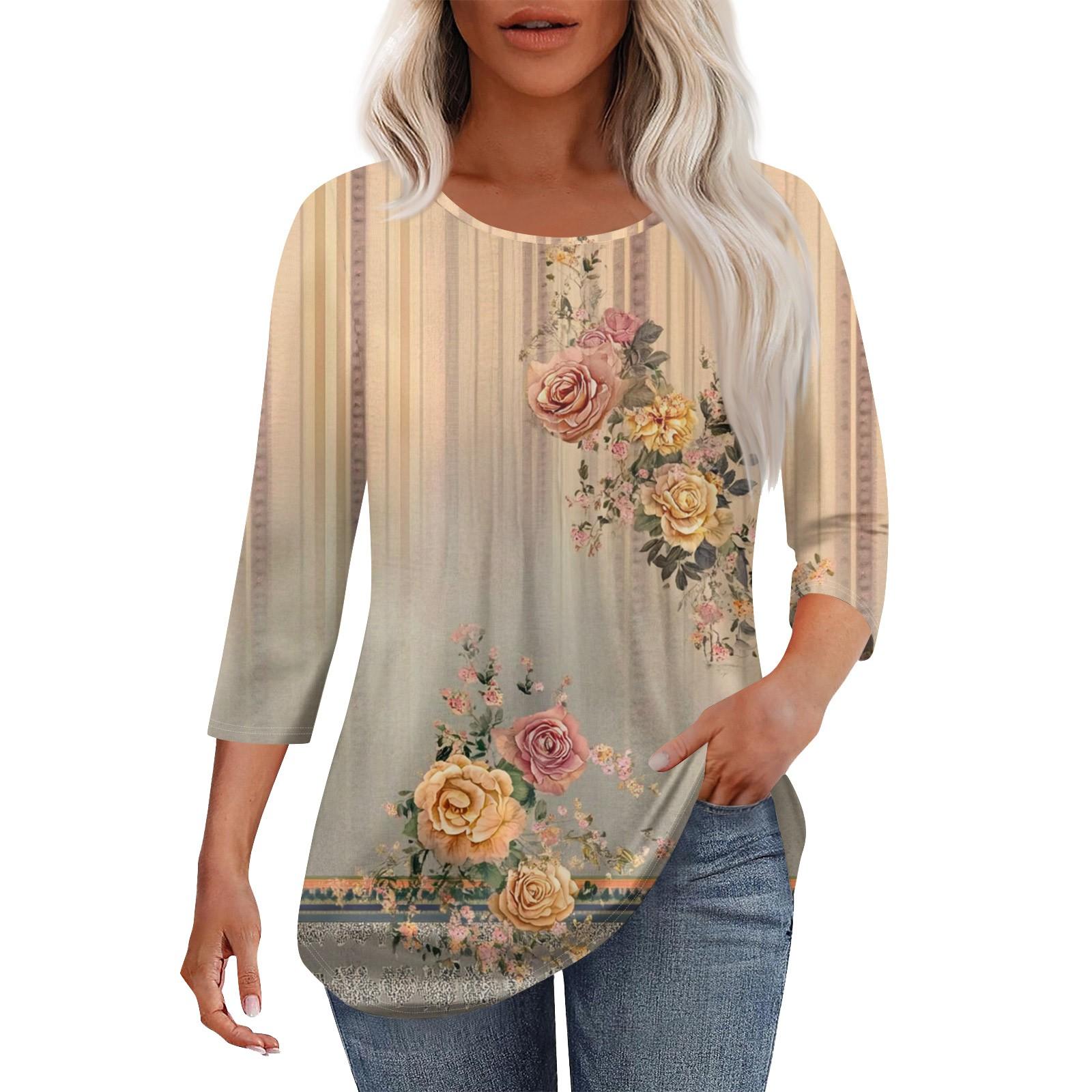 

Жіноча модна повсякденна плісирована футболка з круглим вирізом з принтом і рукавом три чверті XL