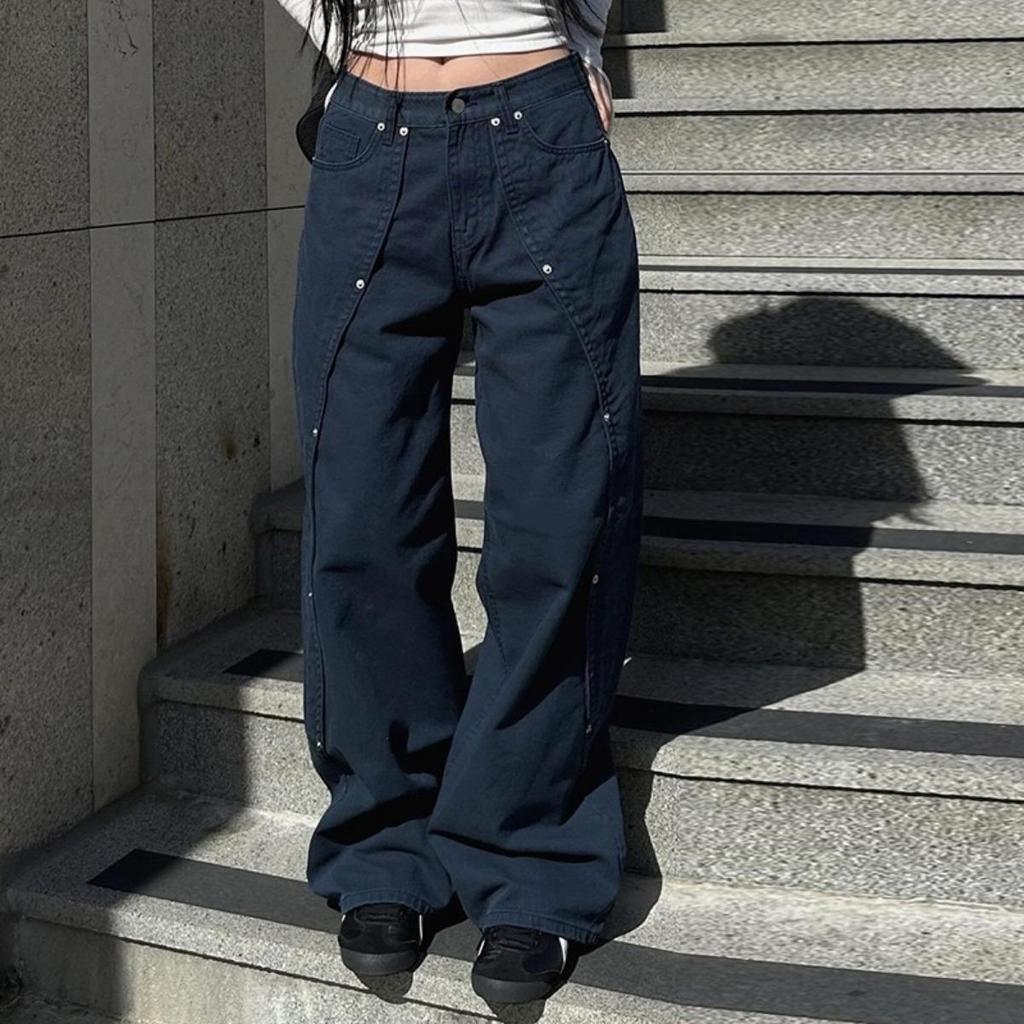 Casual Loose Rivet Jeans Wide Leg Pants Basic Low-Waisted Straight Pants Women Streetwear