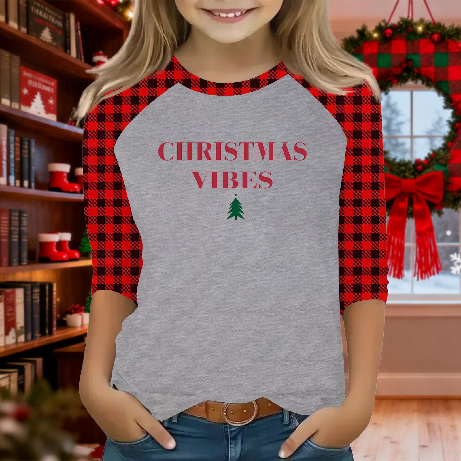 

Tops For Youth Girls 4-16 Years Round Neck 3/4 Sleeves T-Shirts Trendy Tops Outfit Tees Christmas Day 120 Кіновар