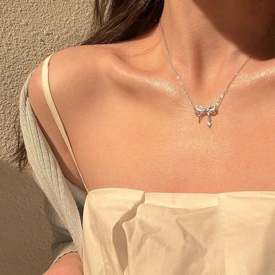 Zircon Bow Knot Pendant Necklace For Women Design Elegant Korean  Charms