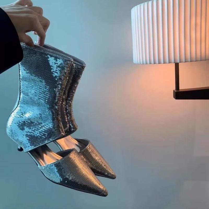 Fashion New boots women's summer short barrel pointed toe thin heel sequined cat heel fashion explosive temperament cool boots