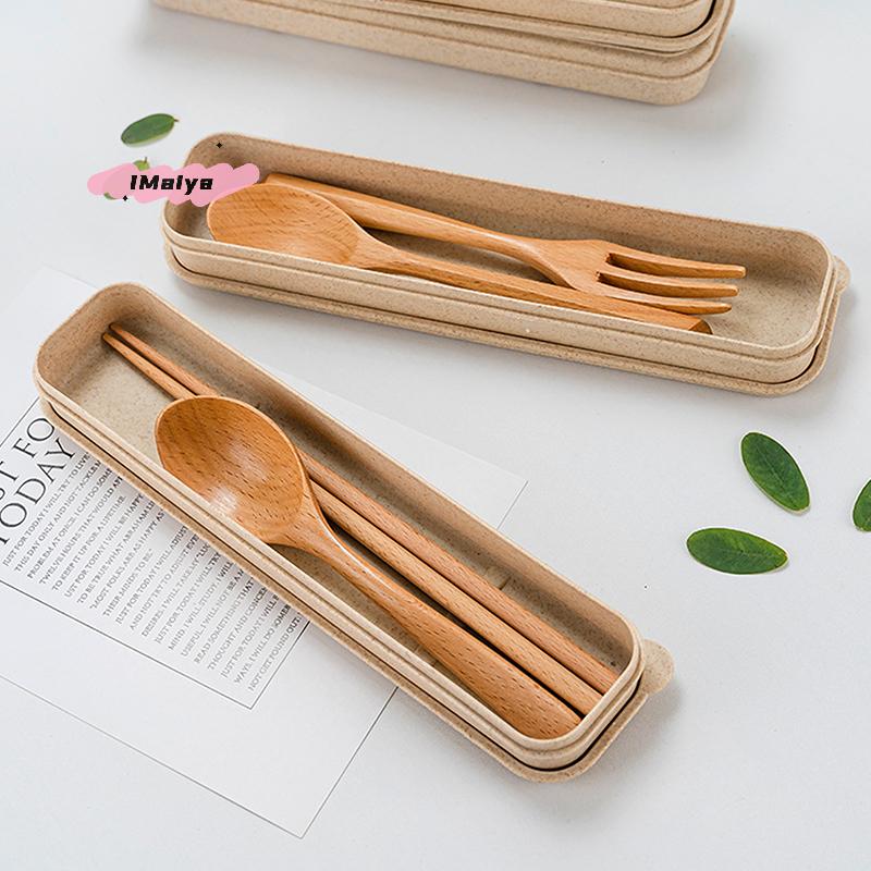 1 Set Handmade Natural Wooden Dinner Kit with Spoon Fork Chopsticks - Kitchen Accessories Storage Box