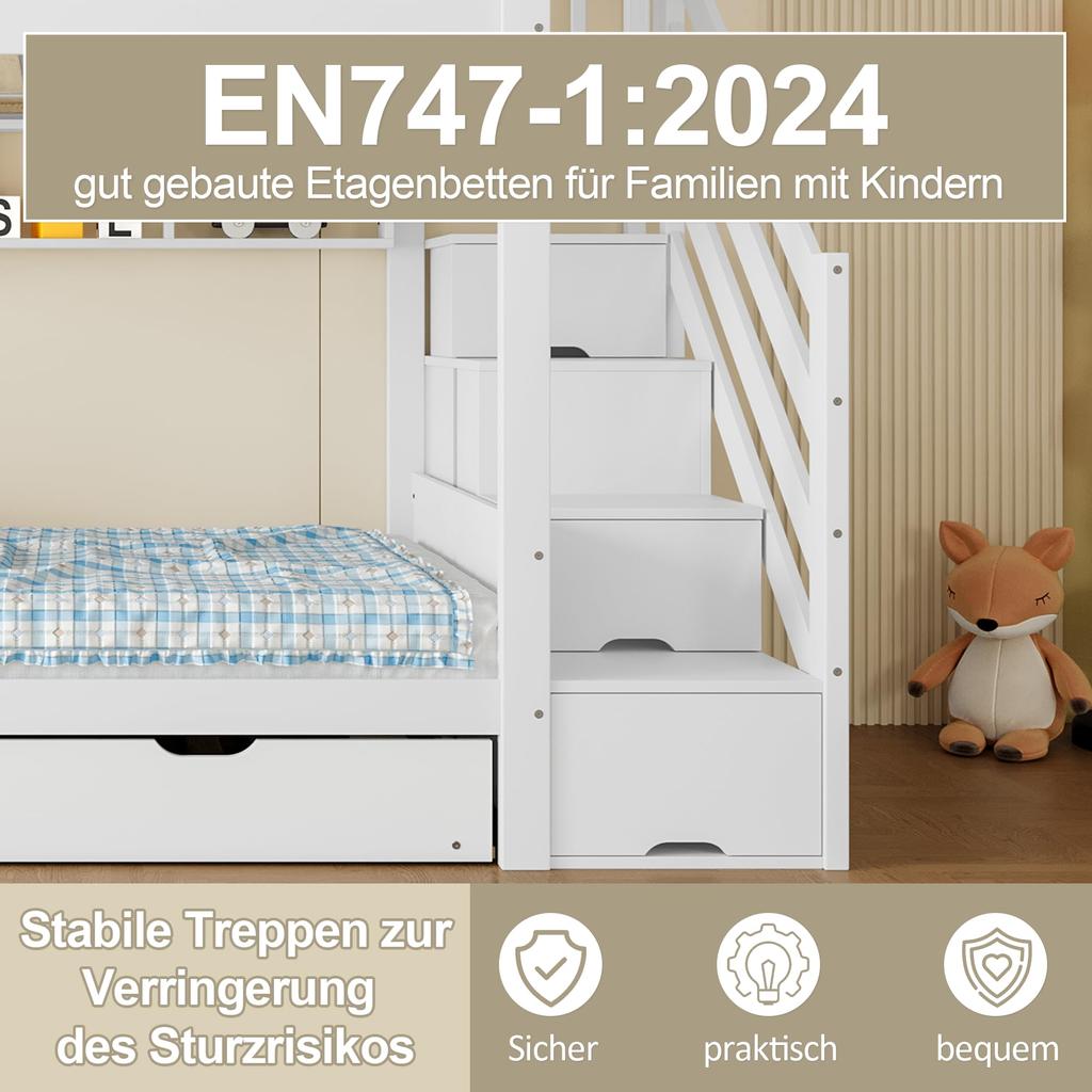 Etagenbett Kinder 90x200, Hochbett Ausziehbett, Kleiderschrank, Ablageleiter, Regal, Lattenrost, Kiefernholz, Weiß (ohne Matratze)
