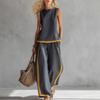 Grey and Yellow Contrast Trim Sleeveless Top and Wide Leg Pants Two Piece Linen Set for Women