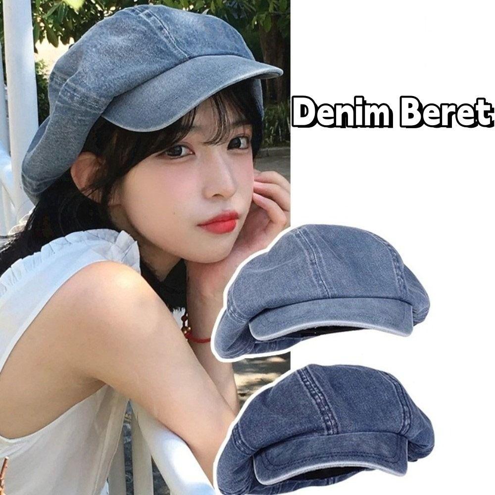 Head Circumference Denim Octagonal Hat British Style Cloud Hat Retro Denim Beret  Ladies