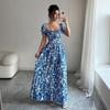 Women's Square Collar Short Sleeve Slim Fit Maxi Dress Floral A-Line Long Dress