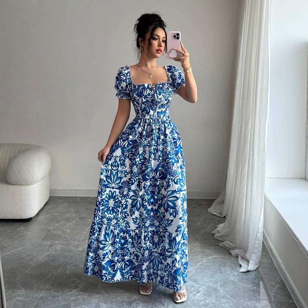 Women's Square Collar Short Sleeve Slim Fit Maxi Dress Floral A-Line Long Dress