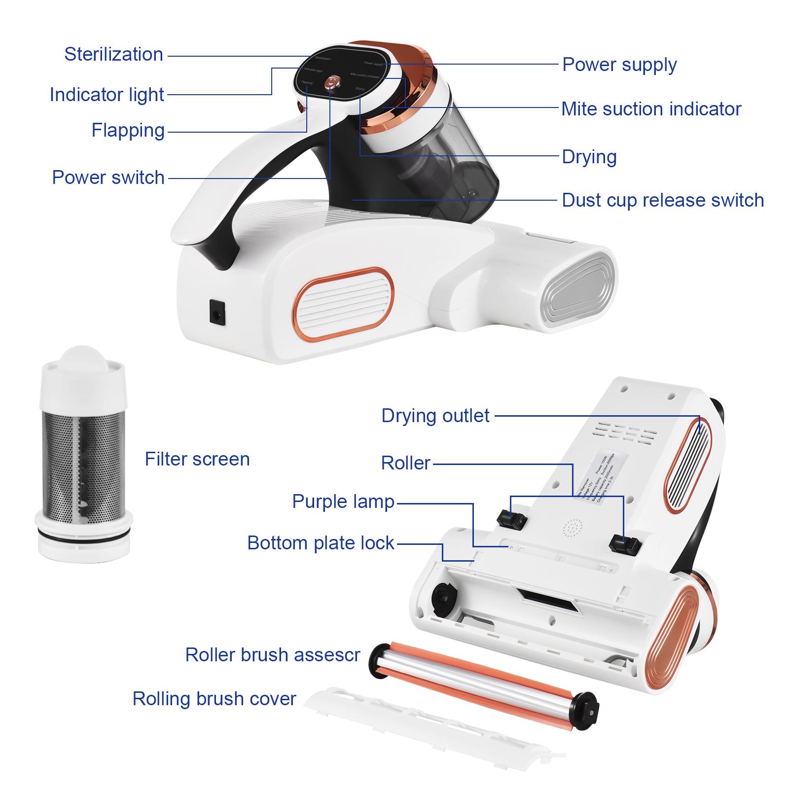 Bed Vacuum Cleaner Mattress Vacuum with Purple Light 8.5KPa Suction Filter LED Display Portable Cleaner Handheld Cordless Dust Mite Vacuum E