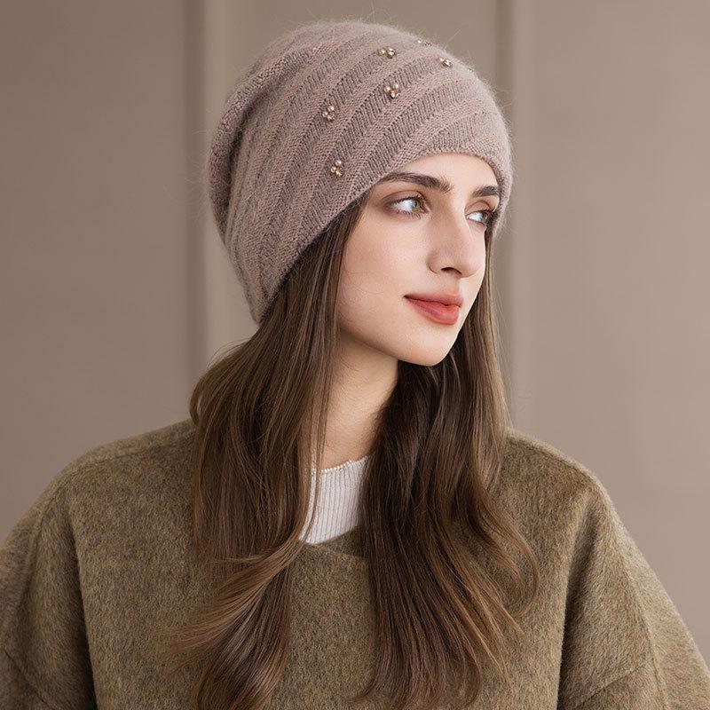 Sombrero de Punto de Piel de Conejo Moda Otoño e Invierno Versátil Protección para las Orejas Sombrero Apilable para la Cabeza Sombrero de Lana para Mujer