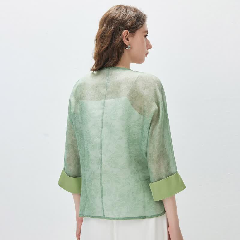 Komon Boca Linnen Zijde Blend Nieuwe Chinese Stijl Top met 3/4 Mouwen