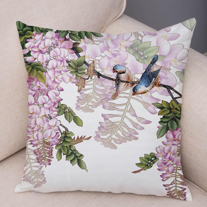 Super Soft Soft Plush Watercolor Lovely Birds Flower Robin Tit Finch Goldfinch Sparrow Berries Tufted Cushion Cover Pillow Case