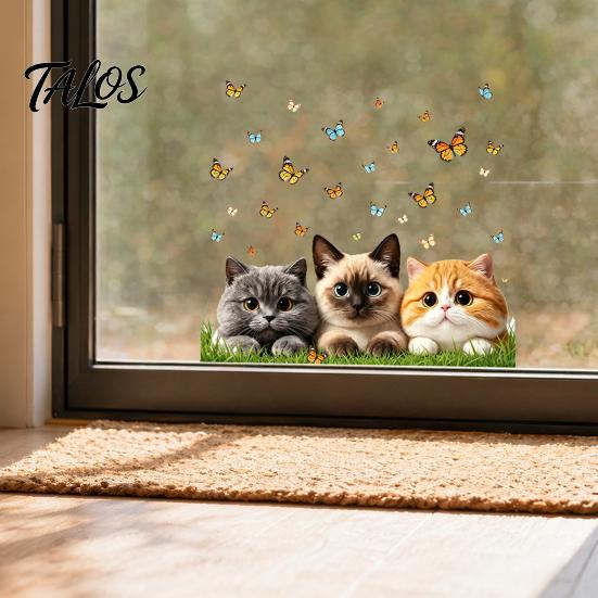 Non-damaging Glass Decal Cat Butterfly Static Sticker, Waterproof Animal Window Decoration Sticker Decal, Removable Pet for Bedroom Balcony