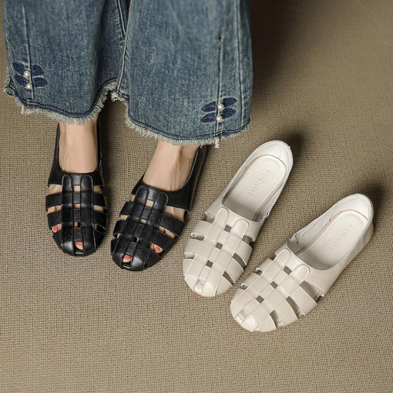 Neue Ledersandalen Sommer Sportsandalen Damen Ein-Pedal-Größe Sandalen Rindensehne Weiche Sohle Bequem Einfarbig