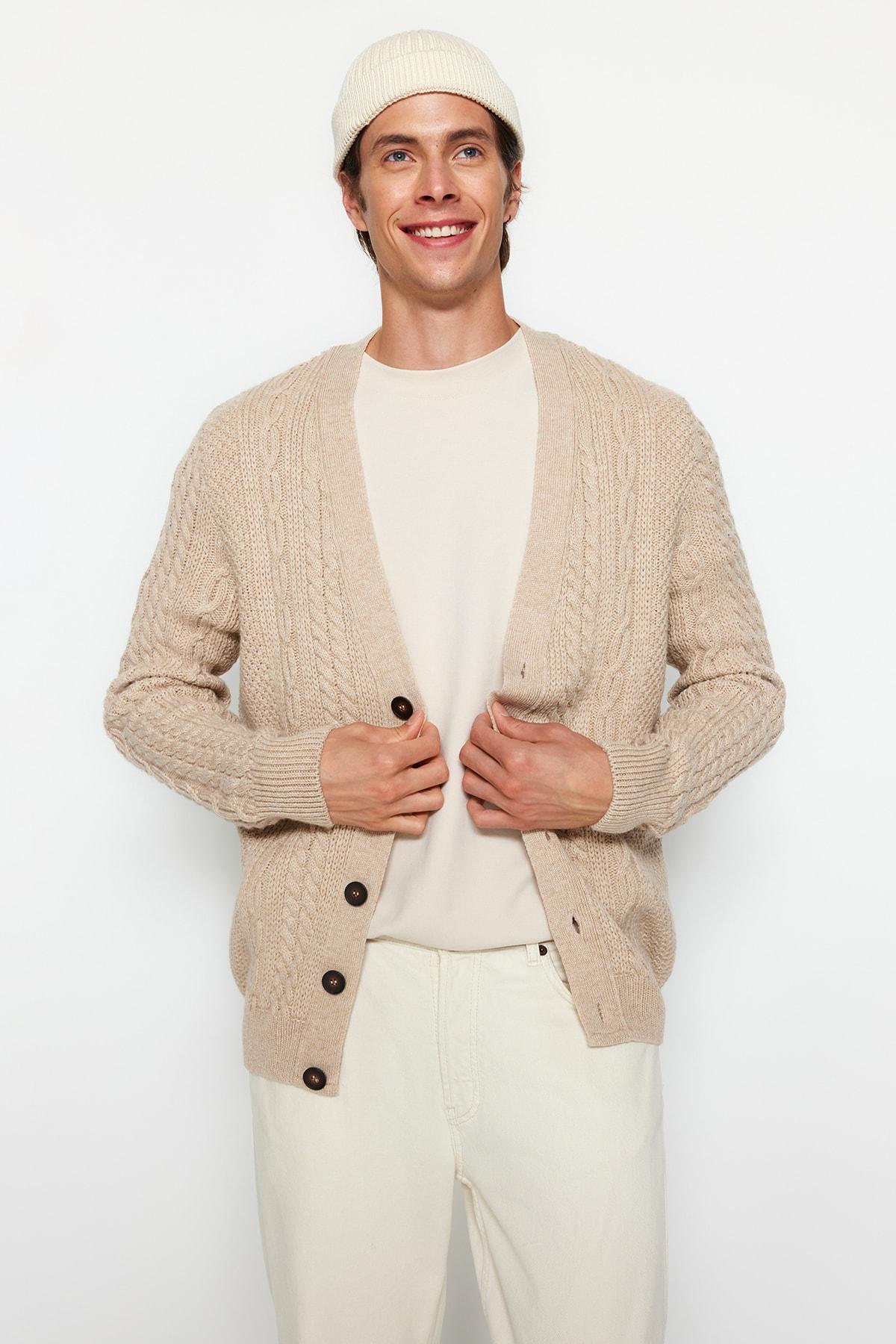 

Бежевые мужские # 39;s Облегающий вязаный кардиган-свитер с прической TMNAW22HI0138