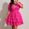 Vestido de tarta corto de color liso, manga corta, cuello en V sexy para mujer de talla grande