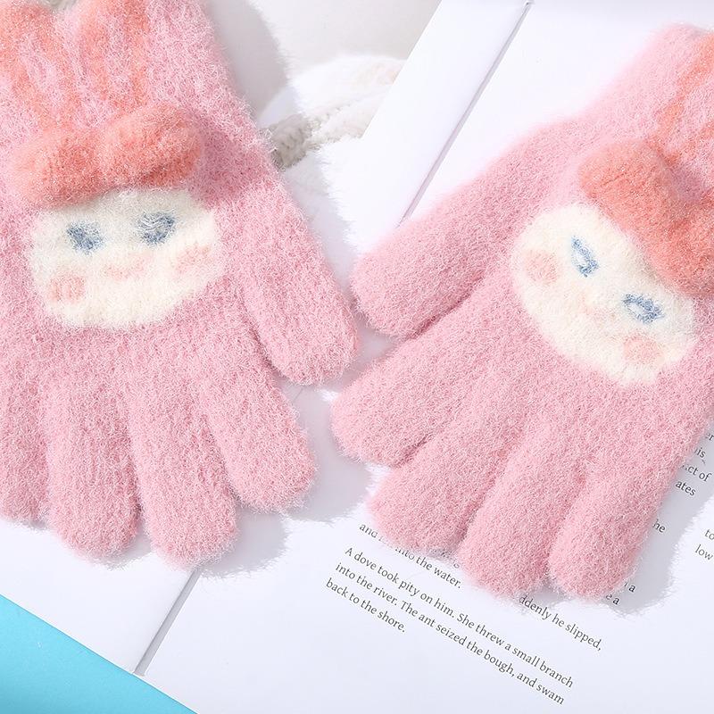 Cute Children's Wool Knitted Warm Gloves Winter Cold Protection Thickened Five Fingers Go To School Writing Play Snow Cycling