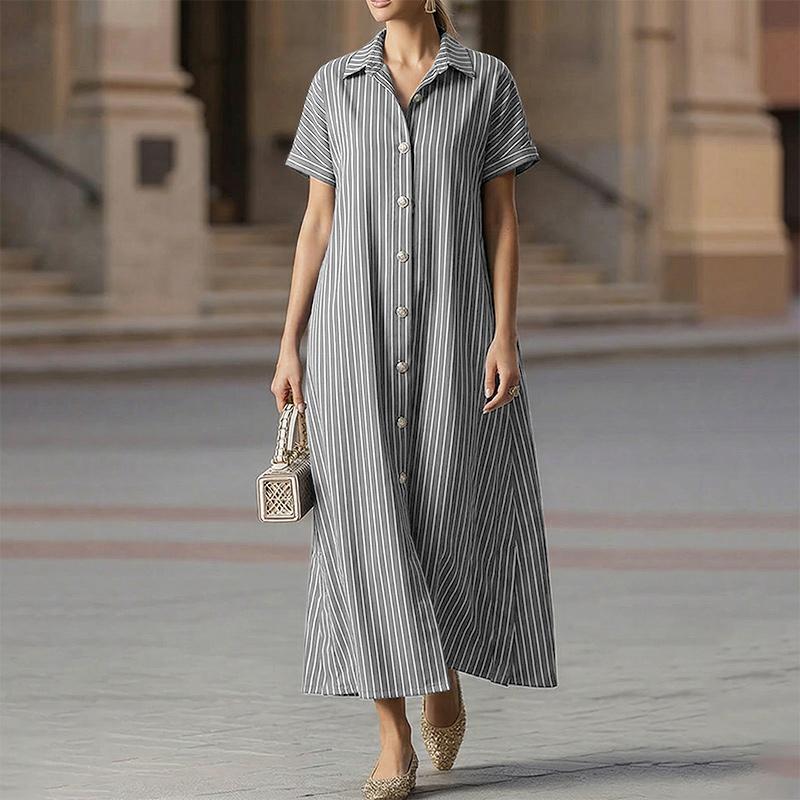 ZANZEA Women Casual Turn Down Collar Short Sleeve Loose Stripe Shirt Dress S чёрный